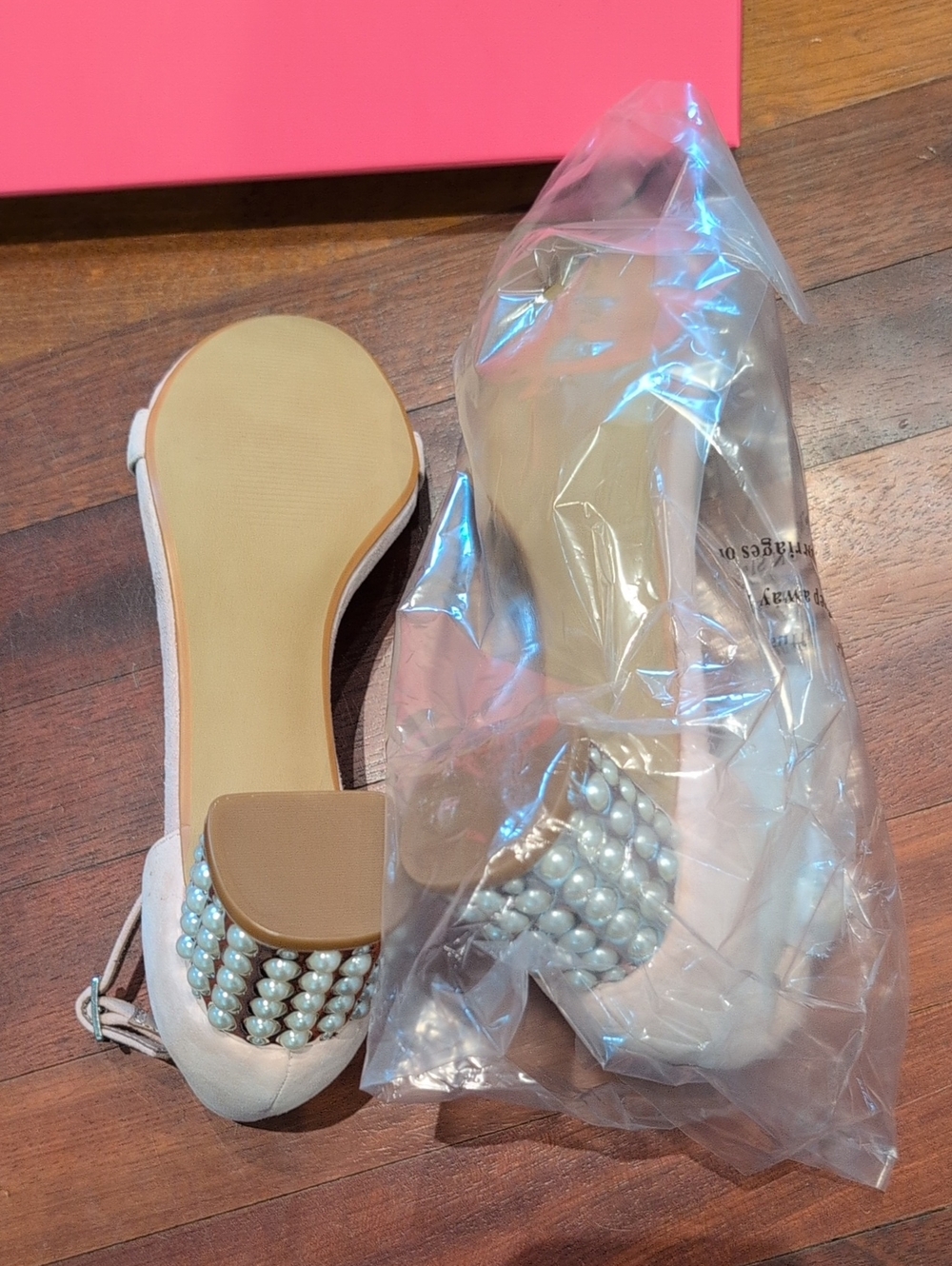 Betsey Johnson Blush Pink Pearl-Embellished Block Heel Sandals - Picture 4 of 4